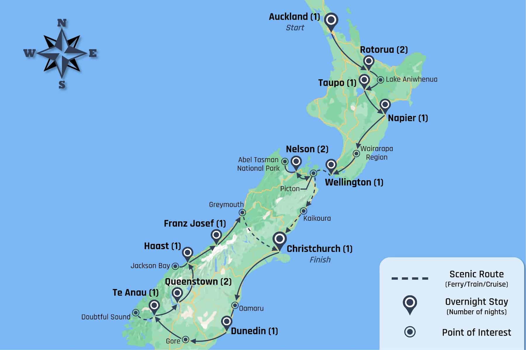 Map of the 16-Day Ultimate New Zealand Tour
