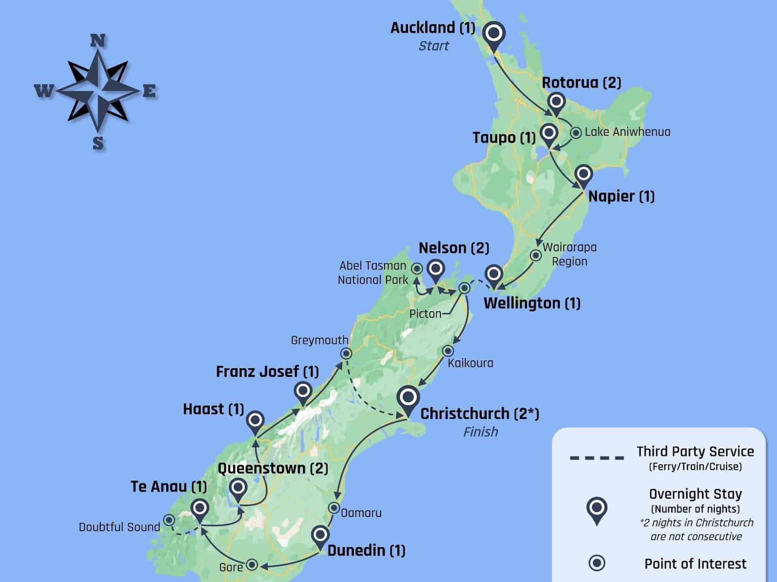 Map of the Ultimate NZ tour by Kirra Tours
