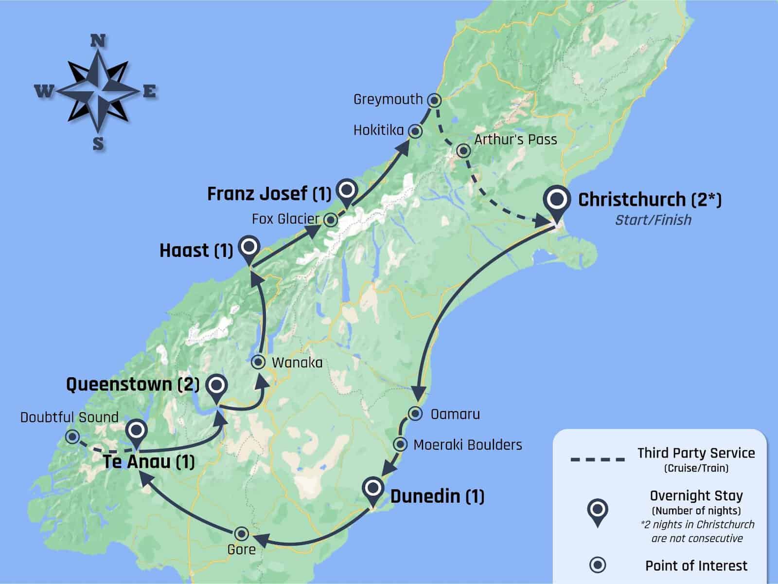 Map of the Southern Dream tour by Kira Tours